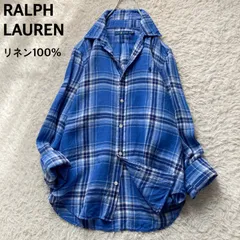 ラルフローレン RALPH LAUREN リネンシャツ チェックシャツ ボタンダウン BD 長袖 ロングスリーブ 爽やか ブルー 青 ホワイト 白 メンズM相当 レディース LL相当 リネン100% 麻 羽織り ポニー刺繍 ロゴ刺繍 カジュアル 美品