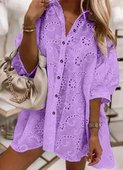 【パープル】シャツワンピース レースシャツ レディース 半袖 ブラウス レース トップス カジュアル 体型カバー 夏 チュニック ゆったり おしゃれ