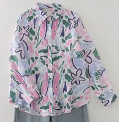 春色 水墨風プリント 長袖シャツ 軽量 薄手 通気性 カジュアルシャツ 春夏トップス レディース
