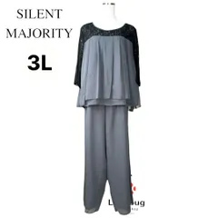 サイレントマジョリティ　オケージョンセットアップ　パンツドレス　パンツスーツ　レース付きプルオーバーブラウス5分袖　ワイドパンツ　グレー　3L