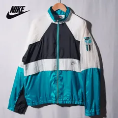 90s 銀タグ ナイキ NIKE ナイロンジャケット M ホワイト ネイビー ターコイズブルー ロゴ刺繍 ウインドブレーカー ウインドランナー ストリート スポーツミックス アメカジ 古着 E164