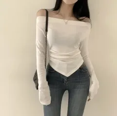 オフショルダー 斜めボーダー シャーリング 起毛 クロップド 長袖Tシャツ