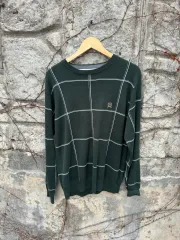 トミーヒルフィガー ヴィンテージ ヘビー コットン 刺繍 ロゴ プレッピールック チェック パターン ニット グリーン m