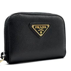 未使用に近い PRADA プラダ 三角ロゴ トライアングルロゴ コインケース 小銭入れ ラウンドファスナー レザー ブラック 黒 ゴールド金具 ミニウォレット コンパクト財布 ジッピー ギフト プレゼント 贈り物 刻印 プレート ハイブランド 人気 定番