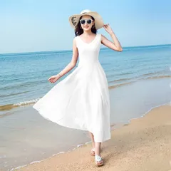 再入荷 リゾートワンピ白シフォンマキシレディースおしゃれきれいめ可愛い無地ワンピースVネックロング大人ノースリーブ夏春コーデ肩出し海外旅行
