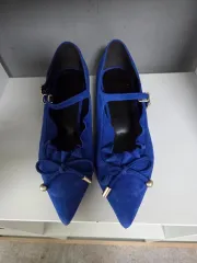 スウェード ブルー リボン フラット メリージェーン シューズ