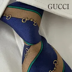 《美品》GUCCI (グッチ) シルクネクタイ イタリア製 総柄 ストライプ ホースビット チェーン ネイビー ブラウン グリーン