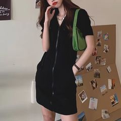 ワンピース ミニ丈 ミニワンピ ジップ スウェット 半袖 無地 レディース 韓国ファッション スポーティ ストリート 大きいサイズ フード シンプル