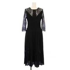 ザラ ベーシック ZARA BASIC フレアワンピース ミモレ ロング 七分袖 クルーネック レース 切替 刺繍 XS 黒 ブラック /BB