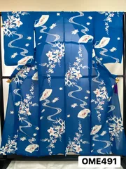 【着物】練習用　リメイク用　夏用着物　紗絽　アンティーク着物　アンティーク　正絹　青　百合　萩　扇　着物　和装　OME491