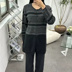 レディース ストライプ ロング ニット カーディガン