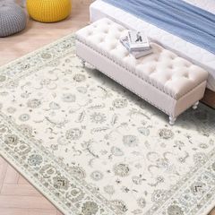 【特価商品】HAOCOO ラグ 洗える カーペット ペルシャ風 90х150cm おしゃれ 1畳 絨毯 耐磨耗性 滑り止め ホットカーペット対応 防音 ラグマット シェニール オールシーズン適用 抗菌防臭 軽量 花柄 オフホワイト