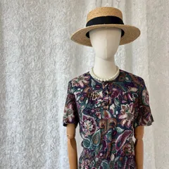 ヴィンテージ ペイズリー柄ワンピース 半袖 総柄 ボタンダウン シャーリングウエスト ロング丈 レトロ クラシカル