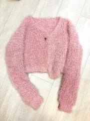 フリル糸 ピンク ファー クロップド オーバーサイズ カーディガン ニット