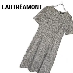 LAUTREAMONT ロートレアモン ワンピース 38 M 黒 白 モノトーン 総柄 プリント 半袖 膝丈 フレア ストレッチ 伸縮 シワになりにくい 春 夏 秋 上品 きれいめ オフィス 通勤 事務服 フォーマル 364KJ
