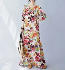 春新作 レディース 花柄ワンピース ロングワンピース 長袖 丸首 ゆったり 大きいサイズ 文芸風 プリント ワンピース