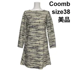 ◇ 美品 クーム Coomb 総柄ワンピース 長袖 膝丈 ツイード風 Aライン フレア ベージュ系 黒系 ミックスカラー 38 M 9号 レディース S6C624のサムネイル