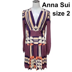 ◇ アナスイ Anna Sui ワンピース 深Vネック 長袖 膝丈 プリーツ パープル 2 M 9号 レディース Z6B878