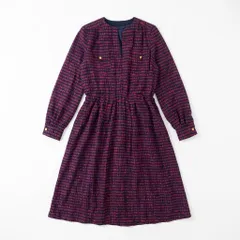 [C-10] レトロ柄 長袖ワンピース ネイビー