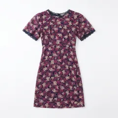 [C-12] 花柄レース装飾 半袖フレアワンピース