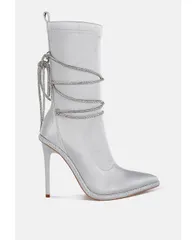 ロンドンラグ レディース シューズ ブーツ・レインブーツ サテン ブーツ London Rag Dacia Rhinestones Strap Satin Calf Boots Silver シルバー