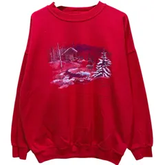 USA製 NORTHERN REFLECTIONS ノーザンリフレクションズ 雪景色 コテージ アニマルプリント スウェットシャツ トレーナー メンズXL相当 古着 90年代 90s ヴィンテージ ビンテージ 裏起毛 レッド 赤【スウェット】/MS120