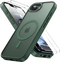 iPhone 16e/iPhone 17e ケース【強化フィルム2枚付き】Magsafe対応・米軍規格 半透明 耐衝撃 指紋防止 滑り止め マグネット搭載 ワイヤレス充電 耐久性 全面保護 黄ばみなし 6.1インチ用 グリーン