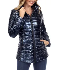 ホワイトマーク レディース アウター ジャケット・ブルゾン トール コート White Mark Womens Metallic Puffer Coat Blue ブルー