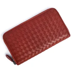 ボッテガヴェネタ 114076 イントレチャート カーフスキン バーントレッド ブラウン ラウンドファスナー 長財布 レザー ガンメタル金具 箱付 BOTTEGA VENETA（未使用　展示品）