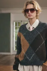 ZARA ザラ ウール アーガイル Vネック ニット セーター S