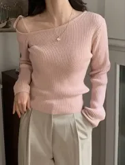 新品) スローアンド アシンメトリーリボン オフショルダー ニット ピンク