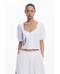 デジグアル レディース トップス シャツ パフスリーブ 刺繍 ブラウス Desigual Womens Embroidered puffsleeve blouse White ホワイト