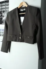 W(S-M) ザラ スーツ ジャケット ブレザー 新品 グレー クロップド-1677A