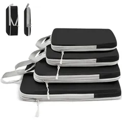 旅行用圧縮袋 トラベルポーチ 便利旅行圧縮バッグ 4点セット 可変スペース 衣類仕分け 圧縮袋 旅行 出張 衣類 整理便利グッズ トラベル パッキングポーチ スペース節約 (ブラック)