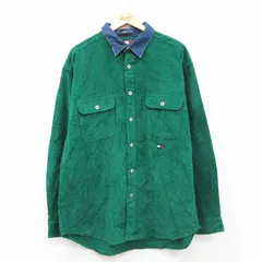 XL/古着 トミーヒルフィガー 長袖 ブランド シャツ メンズ 90年代 90s ワンポイントロゴ コーデュロイ 襟デニム 大きいサイズ ロング丈 コットン 緑他【spe】 26feb19