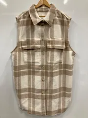 ピB417⚫︎H&M⚫︎ロングベスト⚫︎ノースリーブ⚫︎シャツ⚫︎ジャケット⚫︎チェック柄⚫︎フラップポケット⚫︎オーバーサイズ⚫︎レディース⚫︎size XL⚫︎白×ベージュ