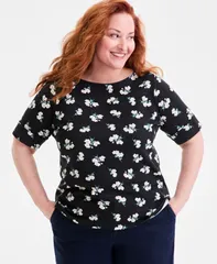 スタイルアンドコー レディース トップス シャツ プラスサイズ プリント ニット Style Co Plus Size Printed ElbowSleeve Knit Top Deept Black Combo ブラック