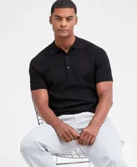 アルファニ メンズ アウター ニット・セーター ポロシャツ セーター Alfani Mens Short Sleeve Textured Polo Sweater Deep Black ブラックのサムネイル