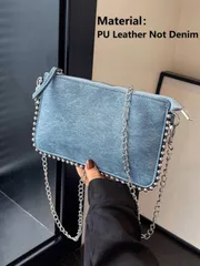 バッグ レディース ショルダーバッグ 女性向け レトロ カラーブロック デニム&PUレザー エンベロープ型 斜め掛けバッグ、ビーズチェーンストラップ 通勤用