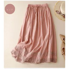 スカート レディース未使用 フレアスカート レース 裏地付き ロング丈 ロングスカート ウエストゴム ボトムス 夏 無地 カジュアル 体型カバ