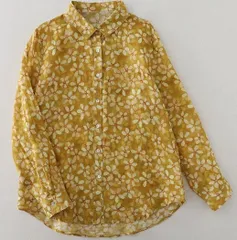 春新作 レディース コットンリネン 花柄シャツ イエロー プリントシャツ 長袖 文芸風 ナチュラル シャツブラウス トップス