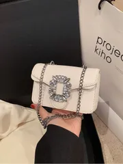 バッグ レディース ショルダーバッグ ミニラインストーン装飾 ショルダーバッグ、女性用ファッションPUフラップ、メタルチェーンストラップクラッチ