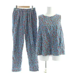 ミュゲフィフスアベニュー muguet fifth avenue セットアップ ノースリーブブラウス カットソー イージーパンツ トップス38 パンツ36 青 ブルー 総柄 イチゴ柄 ストロベリー柄 /AP