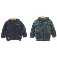 パタゴニア Patagonia 子ども服 ダウンジャケット リバーシブル 4T 紺 ネイビー フード付き ジップアップ 総柄 /HN