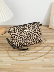 バッグ レディース クラッチバッグ 1個 レオパード柄 PU ミニマリストクラッチバッグ メタルチェーン付き、ショルダーバッグ、レディース コインケース としても使える、イブニングパーティー、ショッピング、通勤、旅