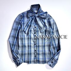 cW42 NARACAMICIE ボウタイ チェックシャツ ブラウス リボン チェック柄 総柄 綿 コットン ブルー 青 グレー ナラカミーチェ cW42 NARACAMICIE ボウタイ チェックシャツ ブラウス リボン チェック