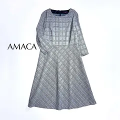 kW38 AMACA クルーネック 七分袖 チェック柄 総柄 ロングワンピース ドレス ワンピース 通年着用可 ブラウン 茶系 アマカのサムネイル