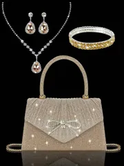 バッグ レディース ドレスバッグ 光沢のあるエレガントなミニリボン付き レディースイブニングバッグ、エクスクルーシブでラグジュアリーなラインストーンブレスレット、ネックレス、ピアス4点セット、シンプルでファッショナ
