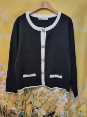 ZARA ブラック バイカラー パールボタン ニット カーディガン 30L