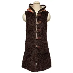 3746 ブラウン ボア フリース フード ファーベスト ベスト ロング丈